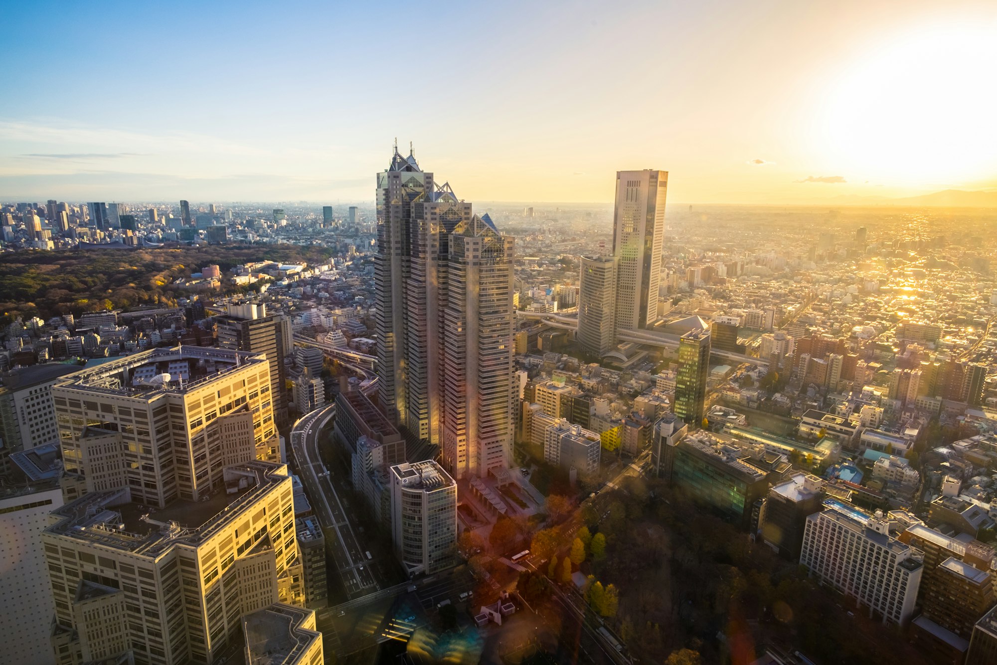 Skyscrapers and city in evening